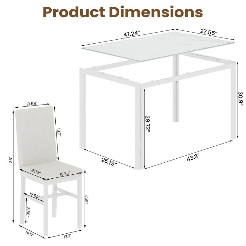 Grondin Contemporary 5-Piece Dining Set with Tempered Glass Table and 4 Diamond-Stitched PU Leather Chairs