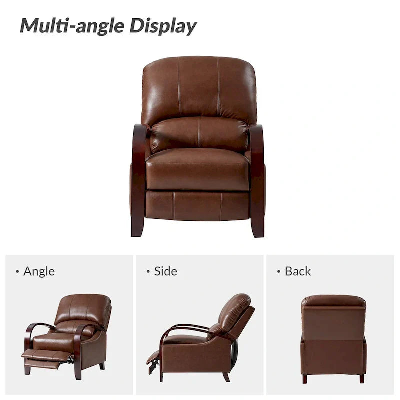 Set of 2 Alex Mid-Century Modern Genuine Leather Manual Recliners with Curved Wooden Arms
