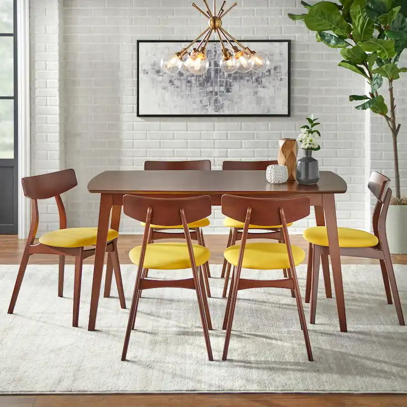 Mid Century Dining Table Set with 6 Upholstered Chairs and Wooden Frame