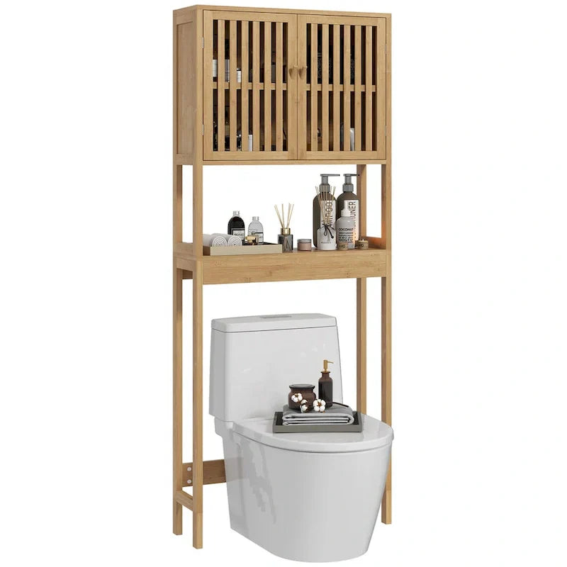 HOMCOM Bamboo Over-the-Toilet Storage Cabinet with Slatted Doors and Adjustable Shelf - Bathroom Organizer