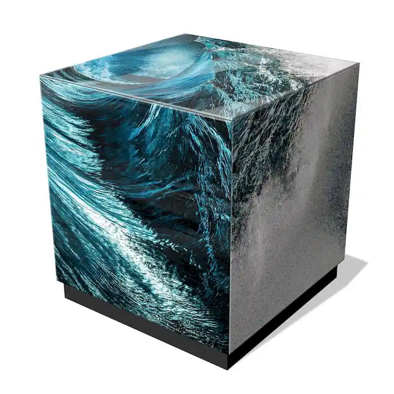 Sapphire Sea Beveled Art Glass Cocktail Table with Black Plinth Base - Reverse Printed Design