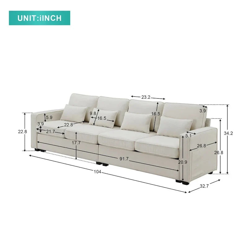 Merax 104 Modern 4-Seater Linen Sofa with Armrest Pockets and 4 Pillows - Minimalist Design