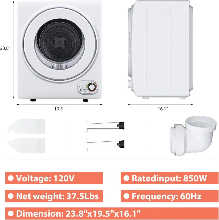 Compact Laundry Dryer, 3.5 cu ft Front Load Stainless Steel Clothes Dryers With Exhaust Pipe, 1500W, LCD Control Panel Four-Function Portable Dryer For Apartments, Home, Dorm, White