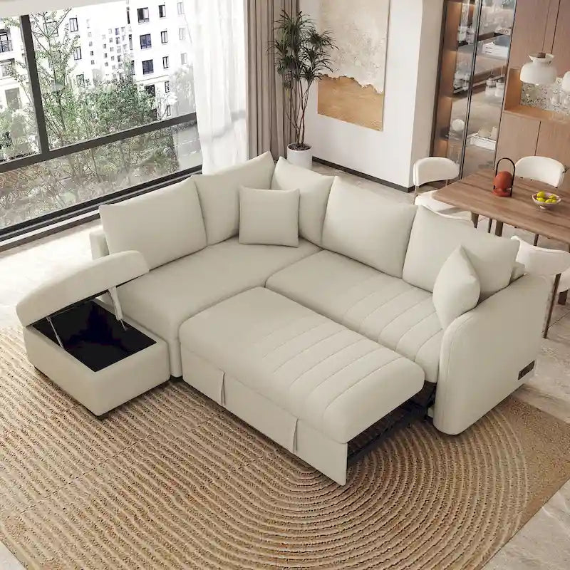 Sectional Sofa Bed with Storage Ottoman USB Ports and Pull Out Design