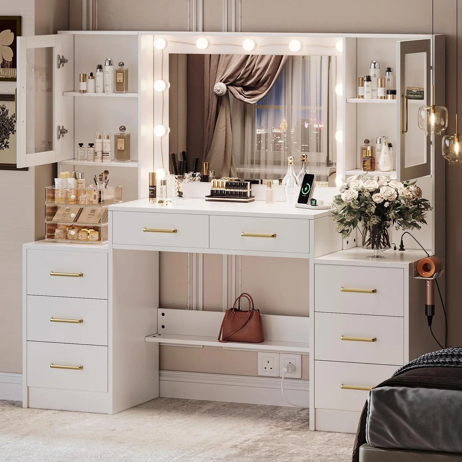 Black Vanity Desk with Mirror, Lights & Charging Station, 58.3" 3 Lighting Modes