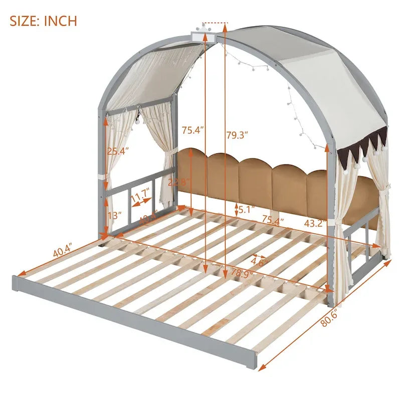 Gray Twin Bed with Arched Canopy and Trundle