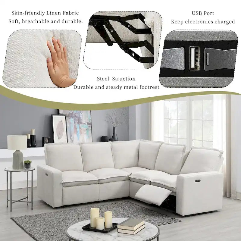 Linen Upholstered Power Recliner L-Shaped Sectional Sofa with USB Port - Soft Home Theater Seating for Living Room