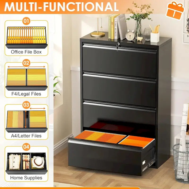 Lockable 4-Drawer Metal Lateral Filing Cabinet