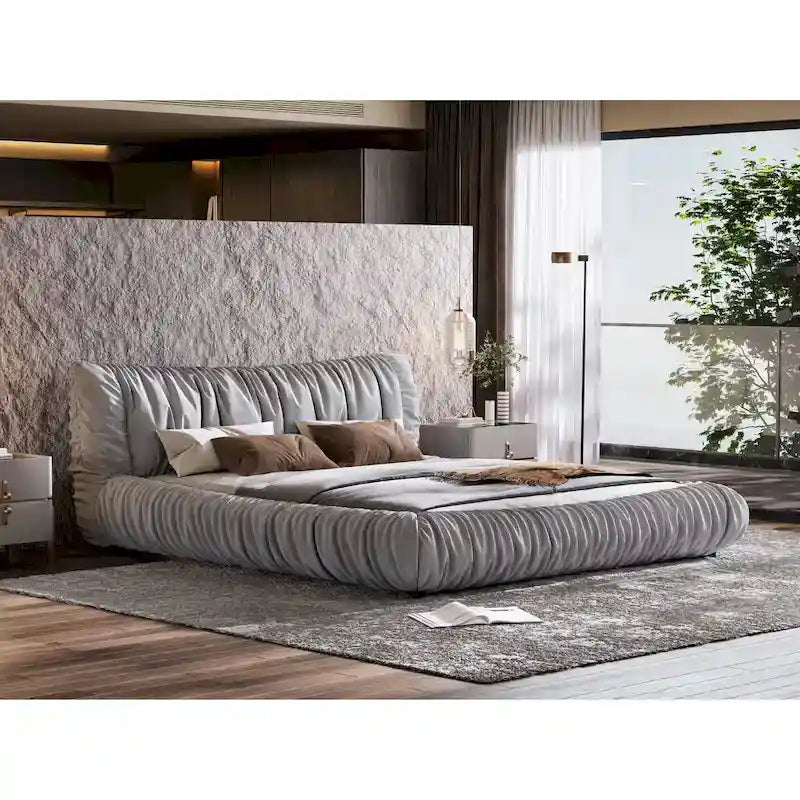 Light Grey King Size Luxury Upholstered Platform Bed with Removable Cushions and Sturdy Wooden Frame