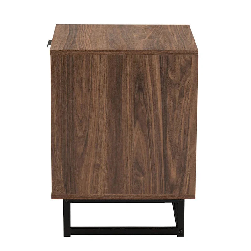 Sadia Contemporary Walnut Brown Wood and Black Metal 1-Drawer Side Table