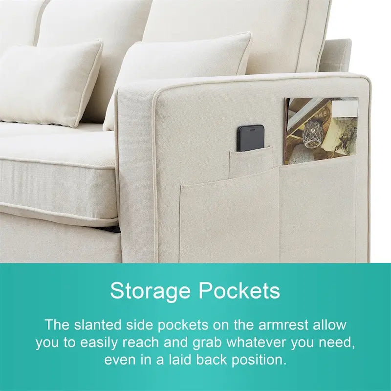 Merax 104 Modern 4-Seater Linen Sofa with Armrest Pockets and 4 Pillows - Minimalist Design