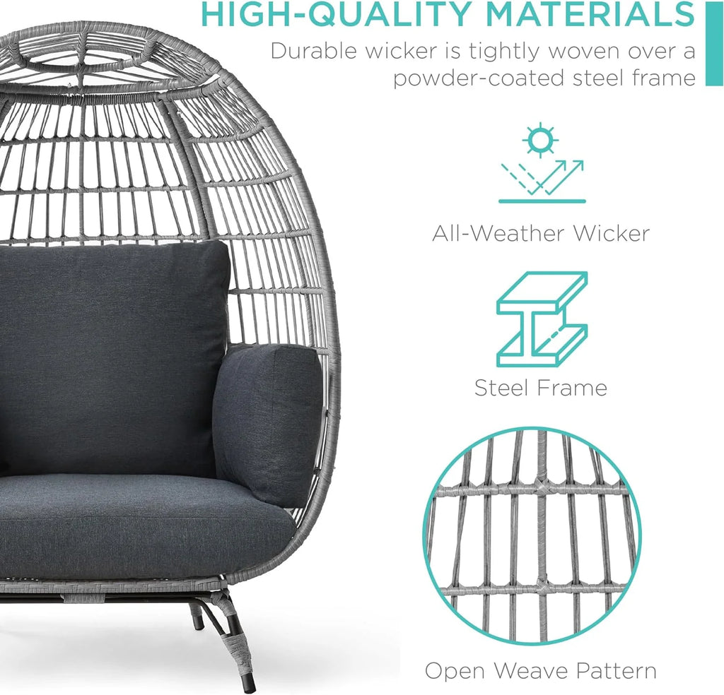 Best Choice Products Wicker Egg Chair Oversized Indoor Outdoor Lounger for Patio Backyard Living Room w/ 4 Cushions Steel Frame 440lb Capacity - Ivory