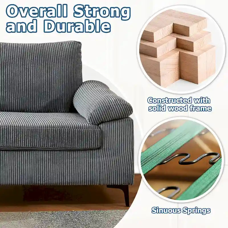 HOOOWOOO Reversible Corduroy Chaise Sofa with Wide Armrests and Ottoman for Living Room
