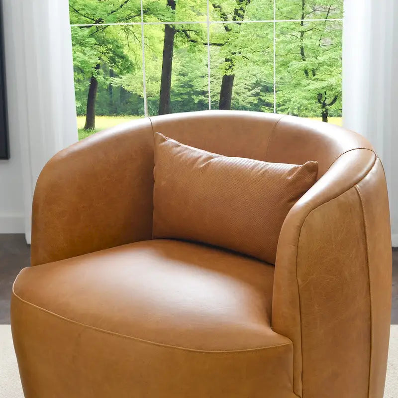 KINWELL Contemporary Genuine Leather Swivel Armchair with Cushion