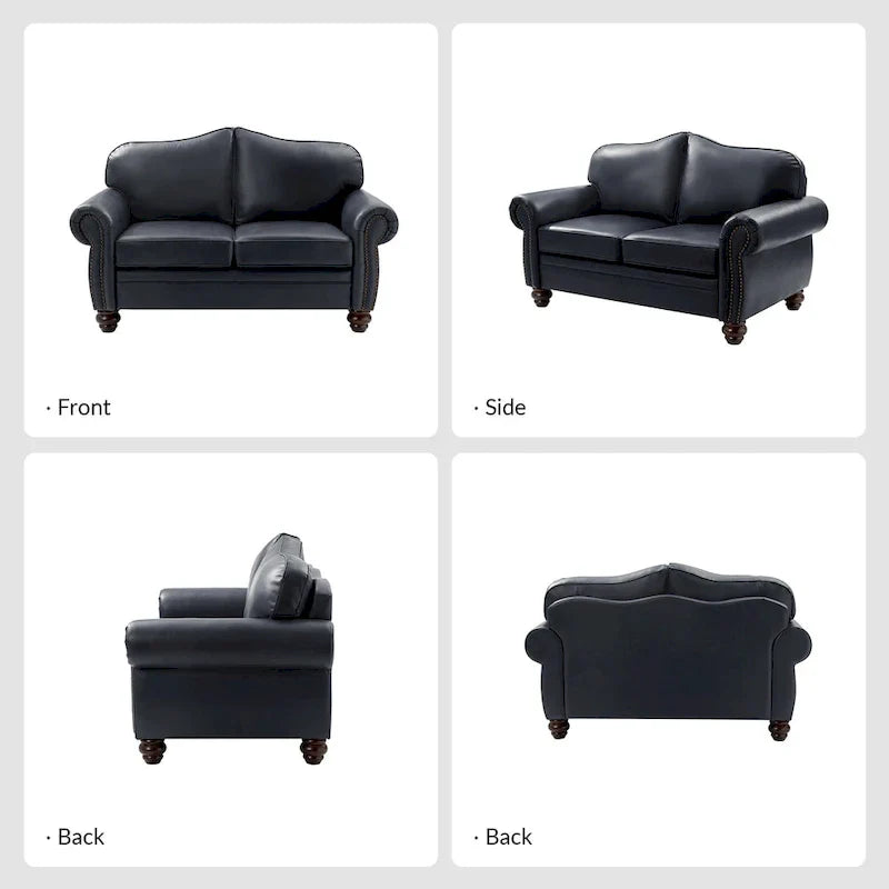 Leather Loveseat Sofa with Rolled Arms and Nailhead Trim