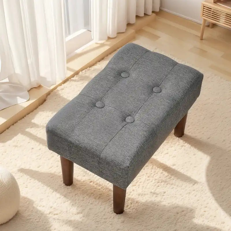 Set of 2 Small Linen Foot Stools with Legs - Rectangle Upholstered Ottoman Footrests