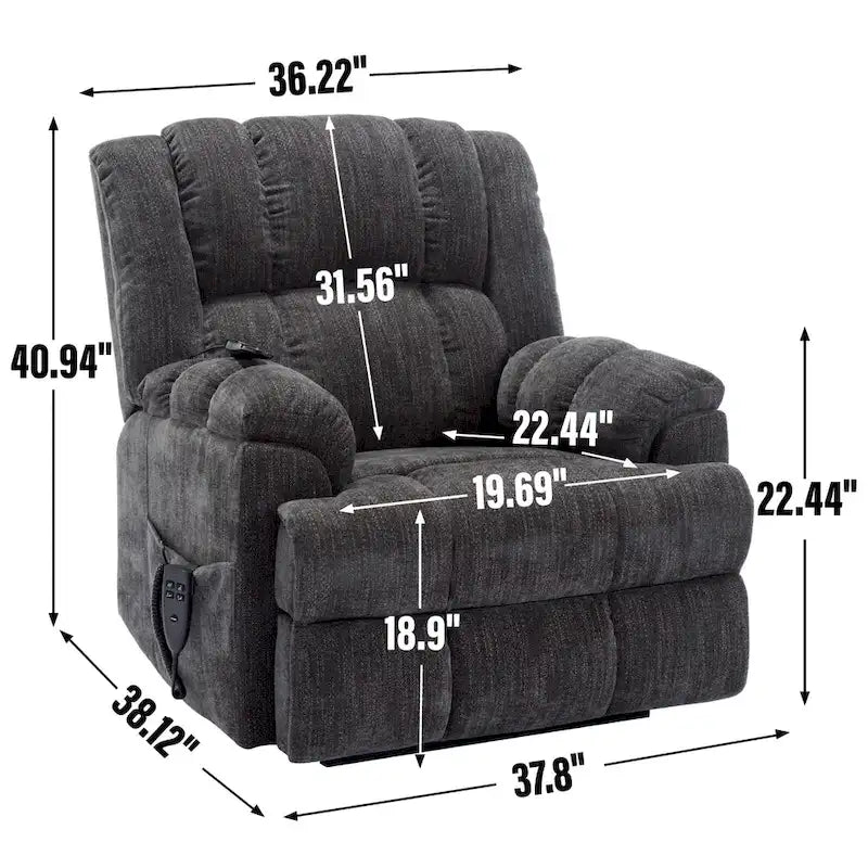 Grey Oversized Chenille Power Lift Recliner with Massage, Heating, and Flat Lay Feature