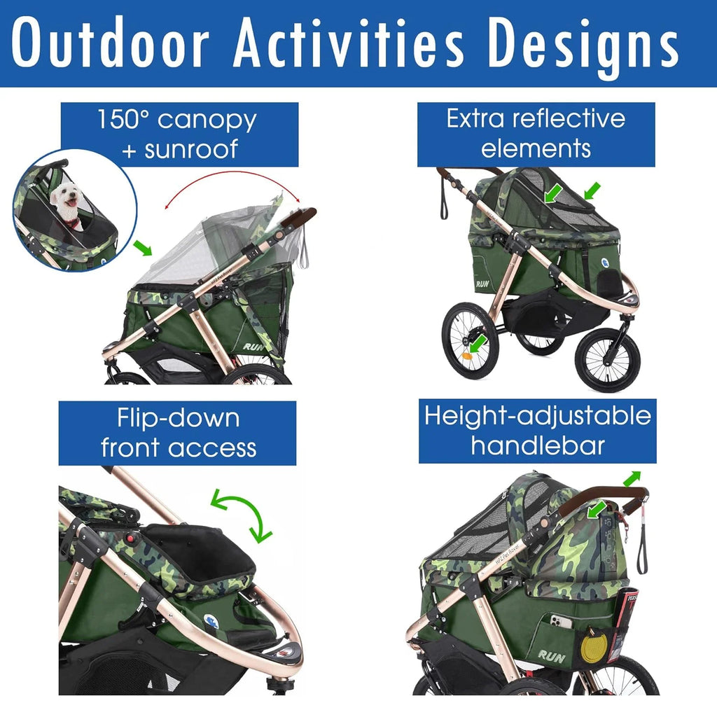 Jogging Sports Stroller with Comfort Rubber Wheels/Zipper-Less Entry/1-Hand Quick Fold/Aluminum Frame for Small/Medium Dogs Cats and Pets (Green Camo)
