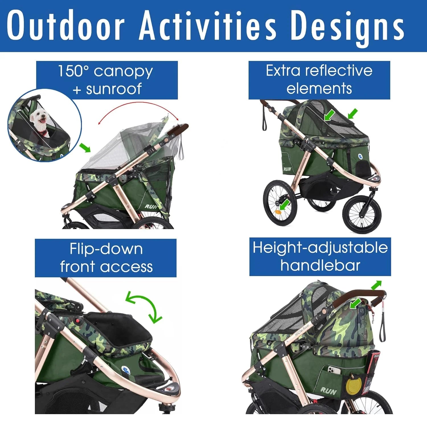 Jogging Sports Stroller with Comfort Rubber Wheels/Zipper-Less Entry/1-Hand Quick Fold/Aluminum Frame for Small/Medium Dogs Cats and Pets (Green Camo)