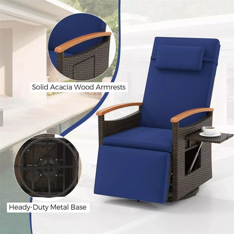 Outdoor 360° Swivel Rattan Recliner Chair with Adjustable Backrest & Footrest, Patio Wicker Chaise Lounge Chair with Flip Side Table & Cushion