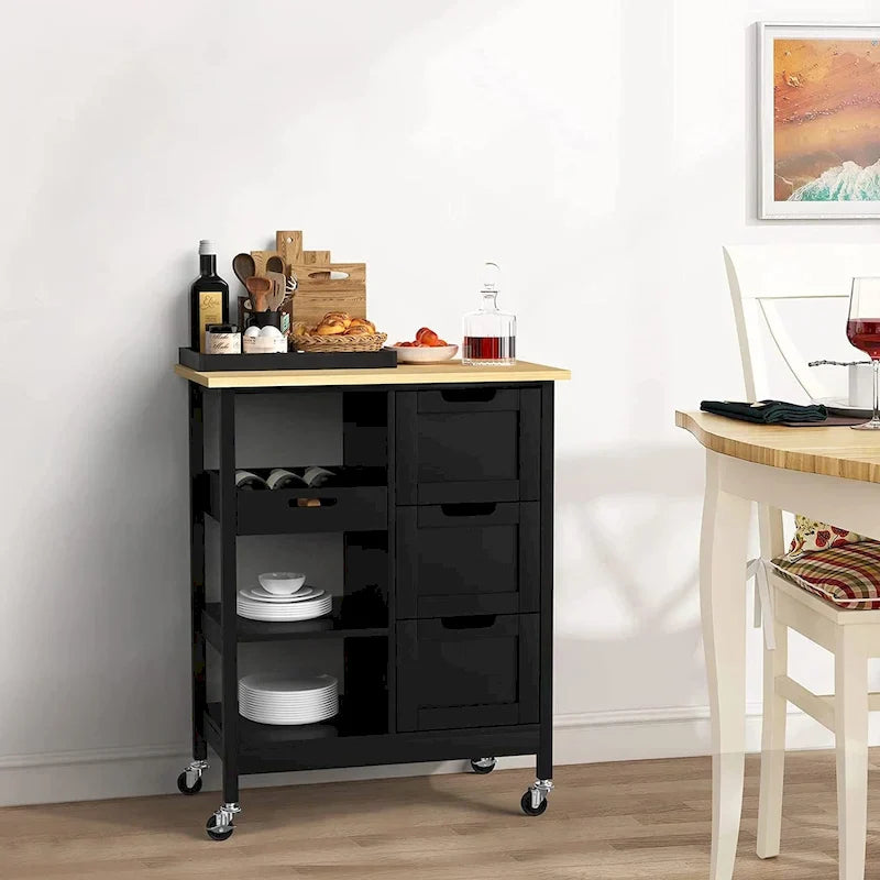 Kitchen Cart with Drawers Open Shelves and Wooden Top on Wheels