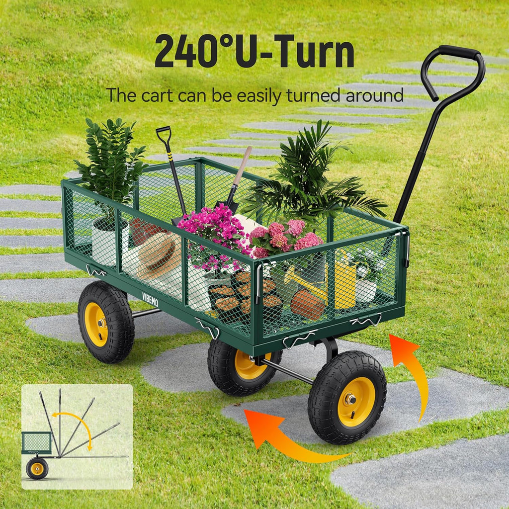 Steel Garden Cart, 2-in-1 1400 lbs Heavy Duty Utility Wagon, with Removable Mesh Sides to Convert into Flatbed, 240 U-Turn 13" Pneumatic Tires Garden Wagon for Farm Yard Lawn Garden Camping