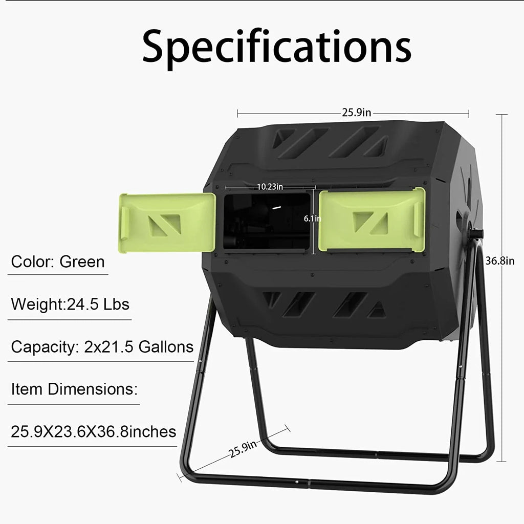Large Compost Tumbler Bin Dual Compartment Better AirCirculation Efficient Compost BPA Free Sturdy Steel Frame 43Gallon (2 21.5Gal) Blue Door