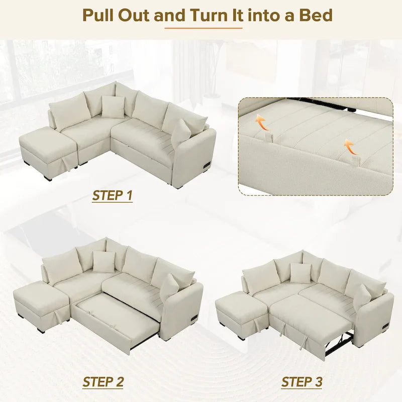Sectional Sofa Bed with Storage Ottoman USB Ports and Pull Out Design