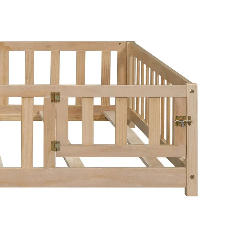 Kids' Full-Size Wooden Floor Bed with Fence and Door