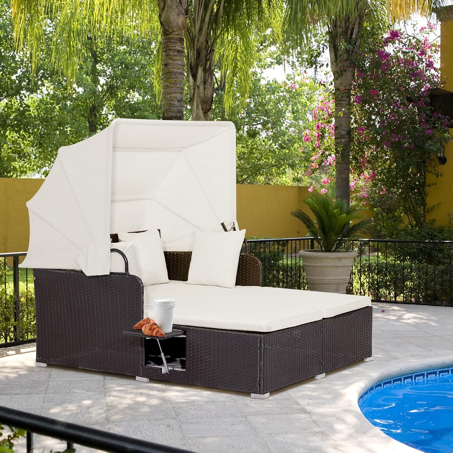 RELAX4LIFE Patio Outdoor Daybed with Canopy, Wicker Sunbed w/Cushions, 4 Pillows & 2 Retractable Side Trays, 2-Person Lounge Bed Conversation for Poolside Porch Garden, Rattan Outdoor Bed (Turquoise)