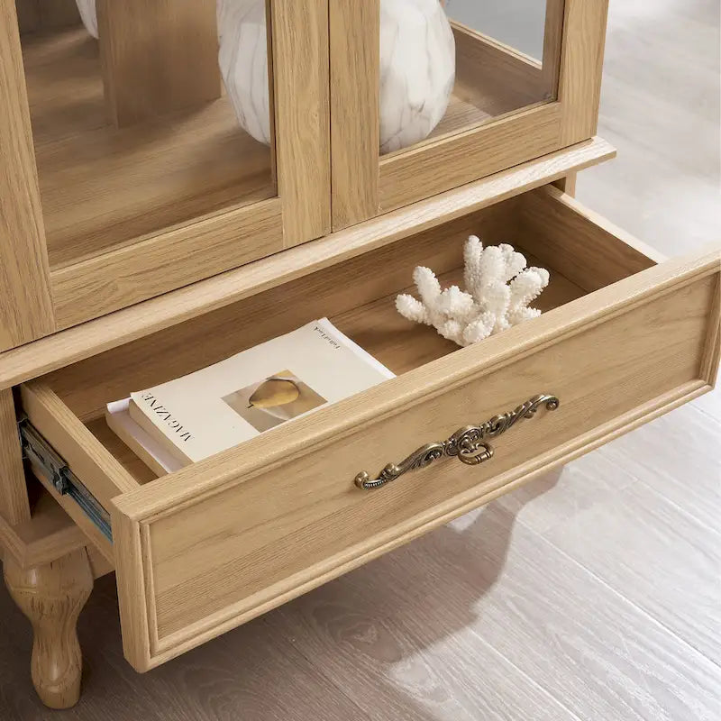 Illuminated Glass Curio Display Cabinet with Adjustable Shelves, Double Doors, and Drawer - Glass Wine Storage Solution
