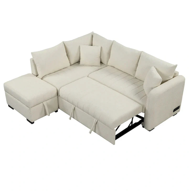 Sectional Sofa Bed with Storage Ottoman USB Ports and Pull Out Design