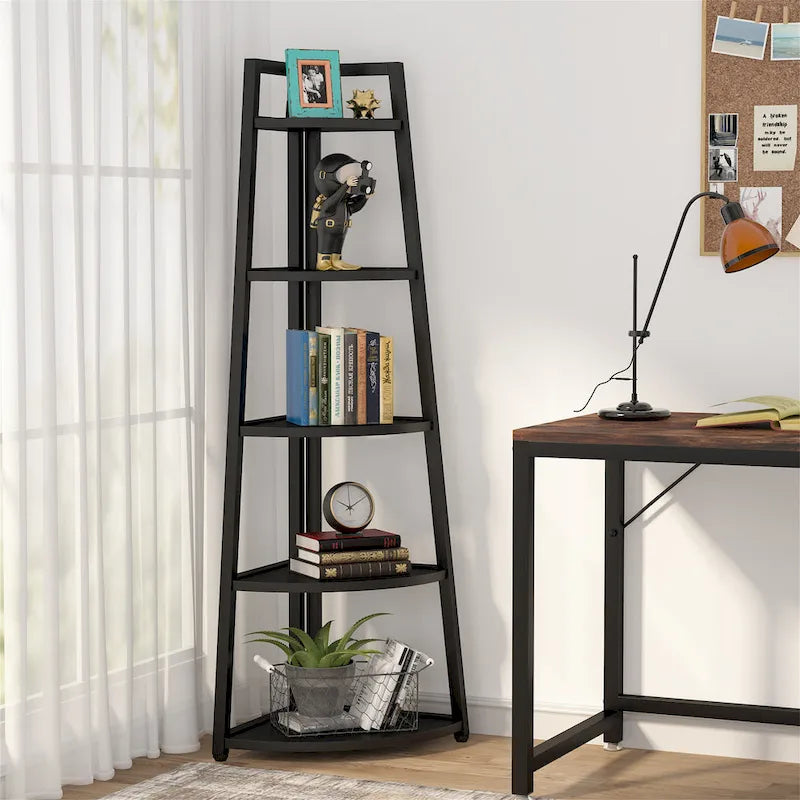 Rustic Brown 5-Tier Corner Shelf Storage Tower for Bathroom