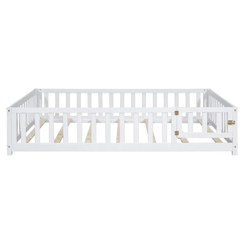 Kids' Full-Size Wooden Floor Bed with Fence and Door