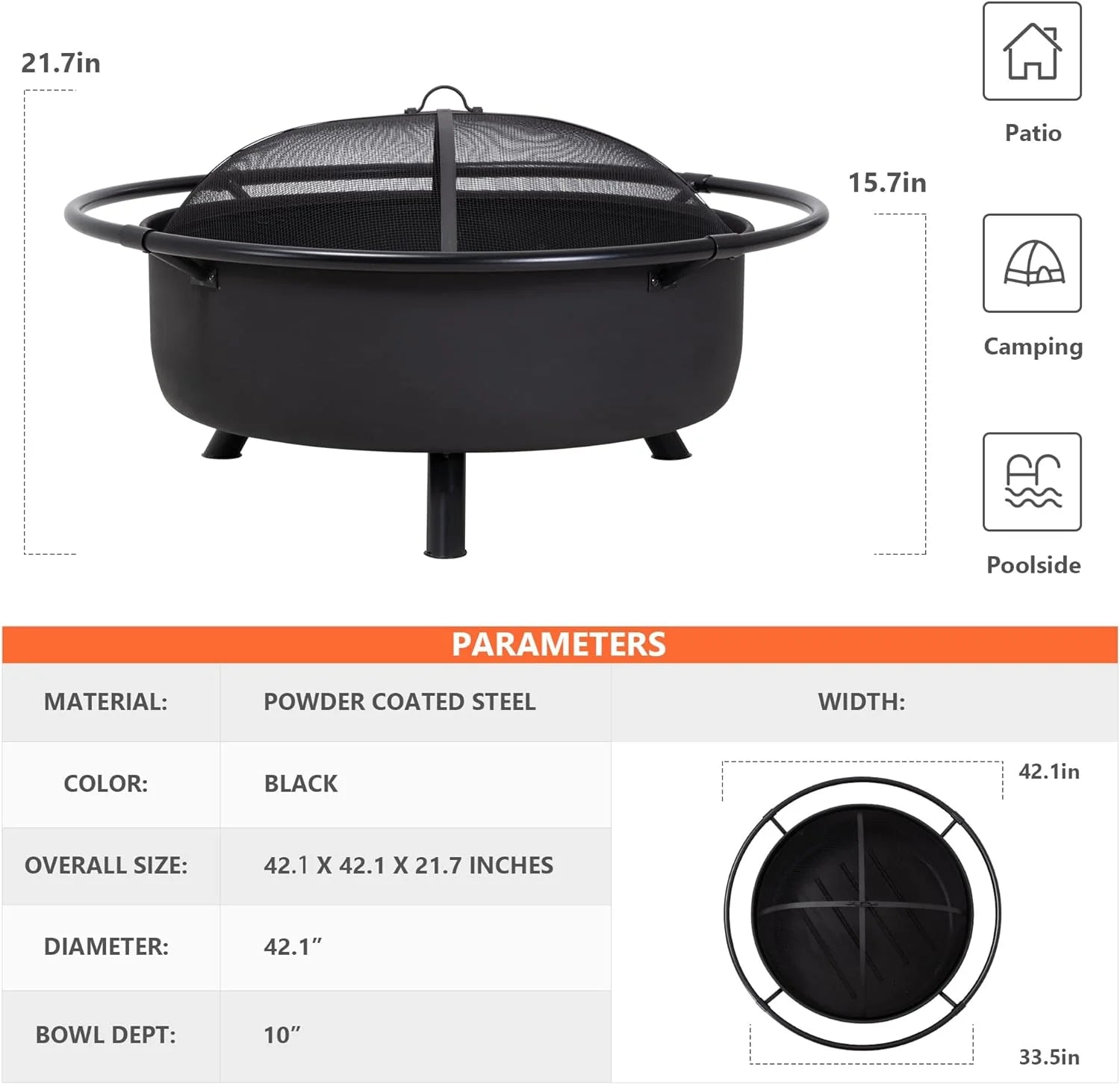 SUNCREAT 42�� Patio Fire Pit Wood Burning with Mesh Spark Screen, Bonfire Outdoor firepit with Fireplace Poker, Black