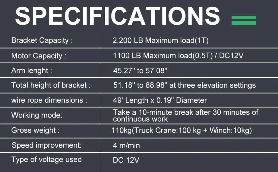 Pismire Winch Versatile 0.5T Folding Truck-Mounted Bed Crane Hoist Lift Pickup with Electric Winch 3500 lb 12V, Painted Steel 1100 lb Pickup 360° Swivel Base