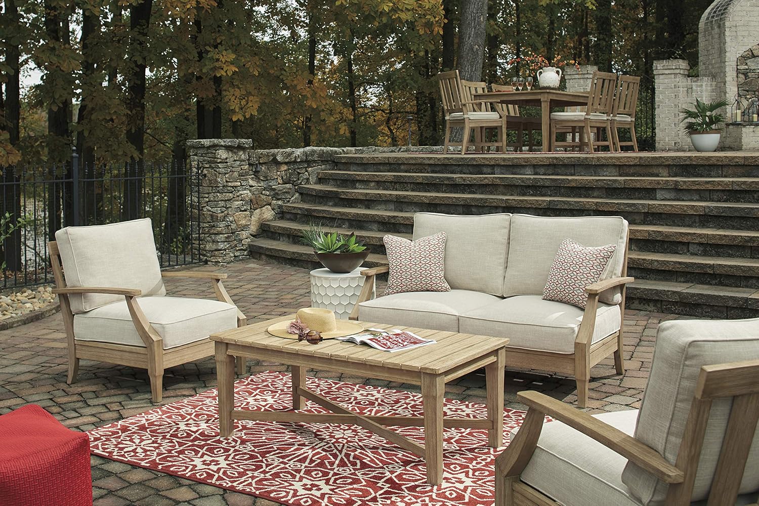 Signature Design by Ashley Clare View Coastal Outdoor Patio Eucalyptus Sofa with Cushions, Beige