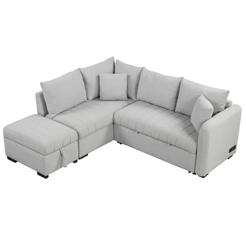 Sectional Sofa Bed with Storage Ottoman USB Ports and Pull Out Design