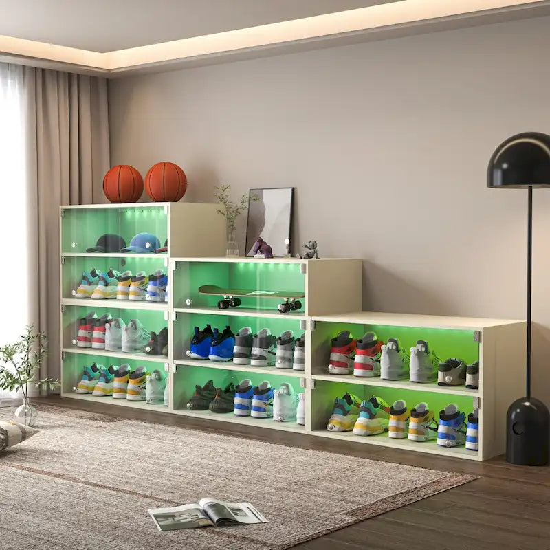 LED-Illuminated Glass Door Shoe Storage Cabinet for Sneakers