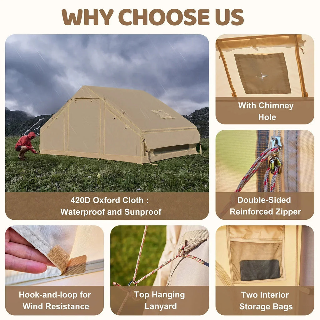 6 Person Inflatable Camping Tent with Pump, 10ft x7ft Glamping Family Tent Easy Setup 4 Season Waterproof Windproof Outdoor Blow Up Tent Luxury Oxford Cabin with Mesh Windows & Doors sgtnighsdesigns