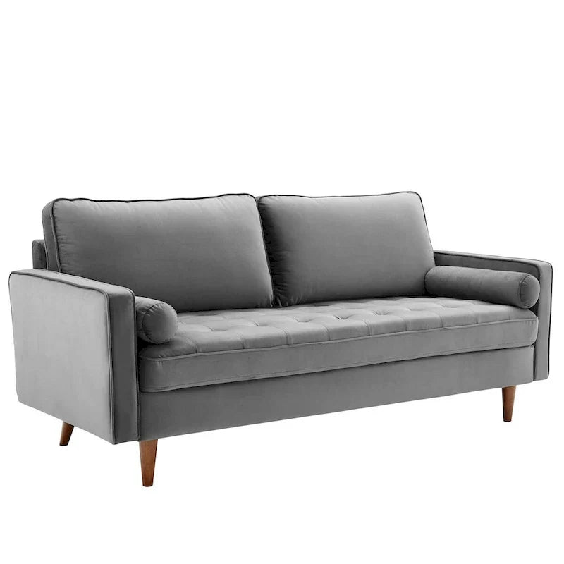 Mid Century Velvet Sofa with Tufted Back and Wooden Legs