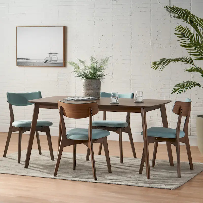 Mid Century Dining Table Set with 4 Upholstered Chairs and Wooden Frame