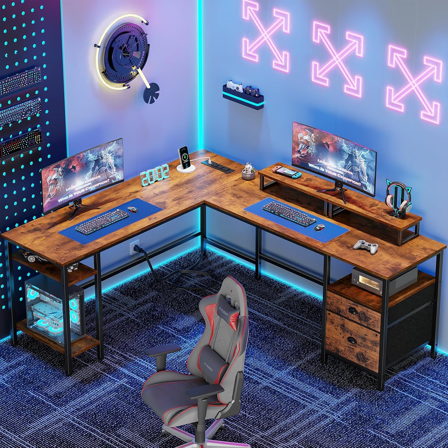 66�� L Shaped Desk with Power Outlet, Reversible Computer Gaming Desk with File Drawer & 2 Monitor Stands for Home Office with Storage Shelves, Rustic Brown