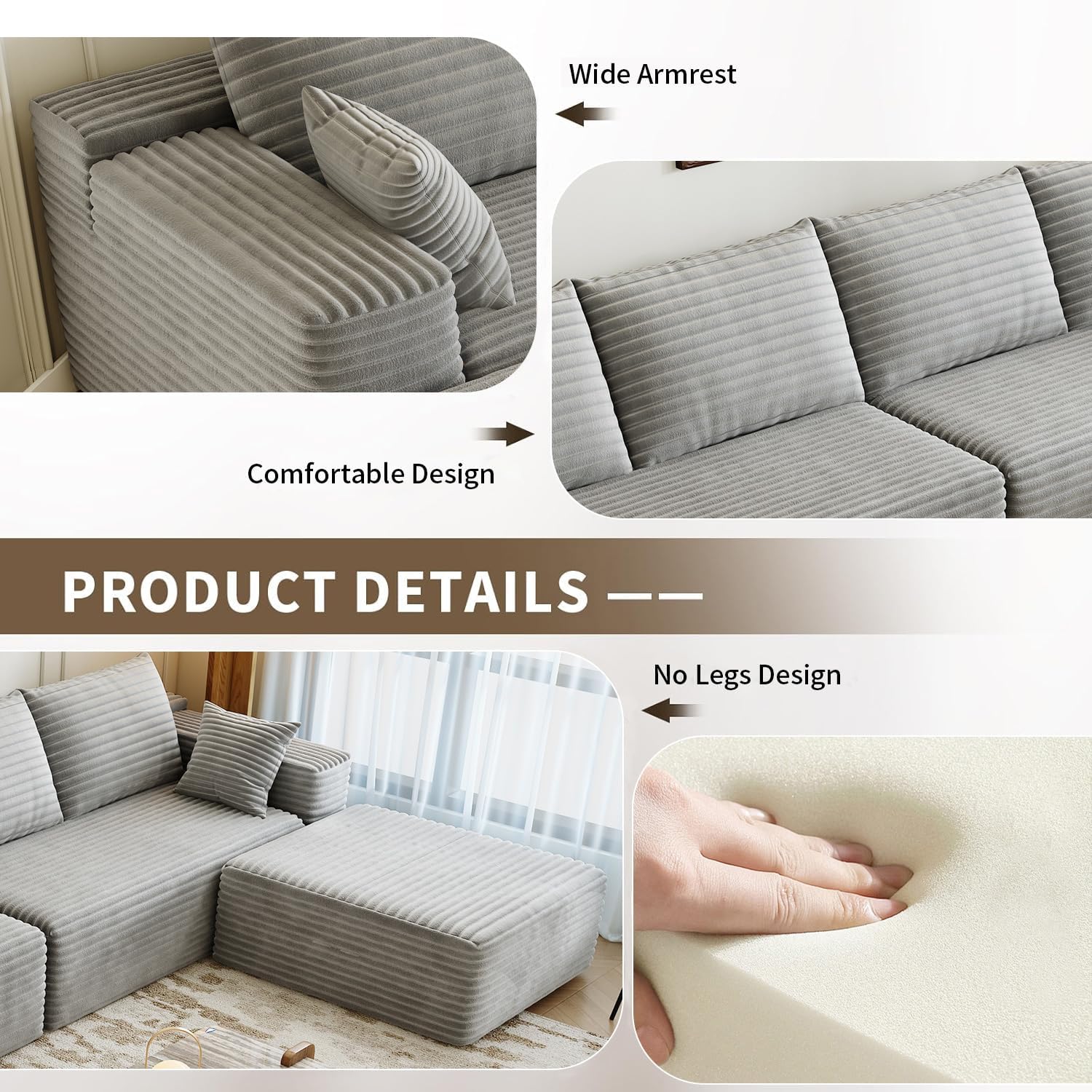 107.5" Cloud Modular Sectional Sofa Couch with L-Shape Chaise,Modern Minimalist Upholstered Couches for Living Room Bedroom,Deep Seat Corner Couch .No Assembly Required (Black,Left Facing Chaise)