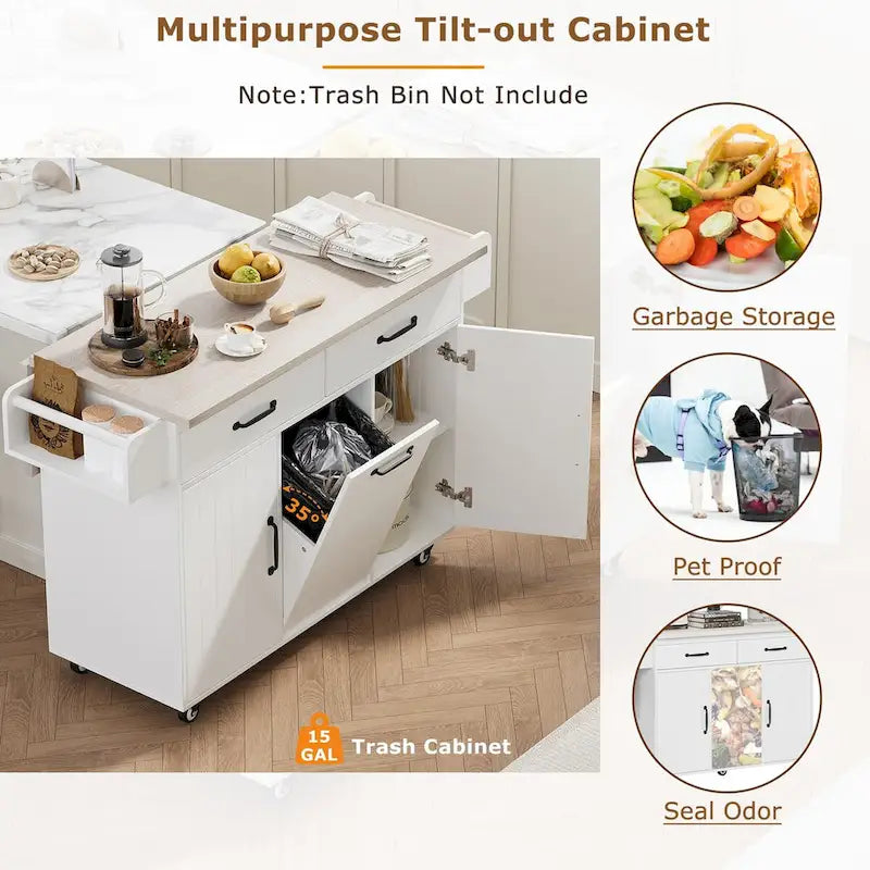 Kitchen Island with Built-In Trash Can Storage and Drop Leaf Cart