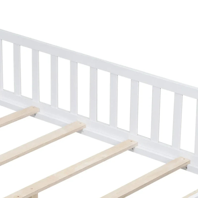 Kids' Full-Size Wooden Floor Bed with Fence and Door