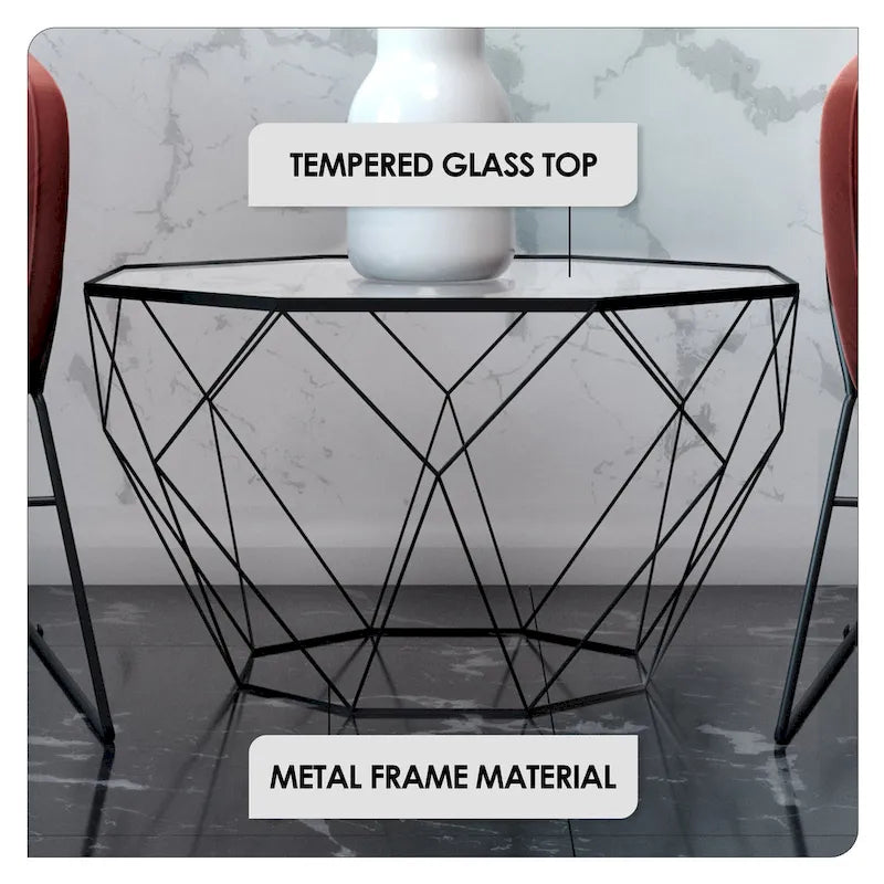 Malibu 22 Modern Octagonal Coffee Table with Tempered Glass Top and Durable Metal Geometric Base for Living Room or Office