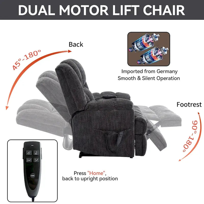 Grey Oversized Chenille Power Lift Recliner with Massage, Heating, and Flat Lay Feature