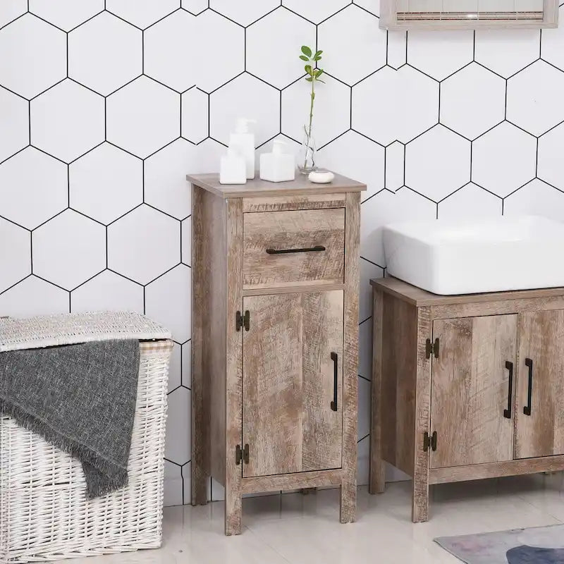 Kleankin Barnwood Bathroom Floor Cabinet with Drawer and Adjustable Shelf - Versatile Storage for Entryway or Living Room