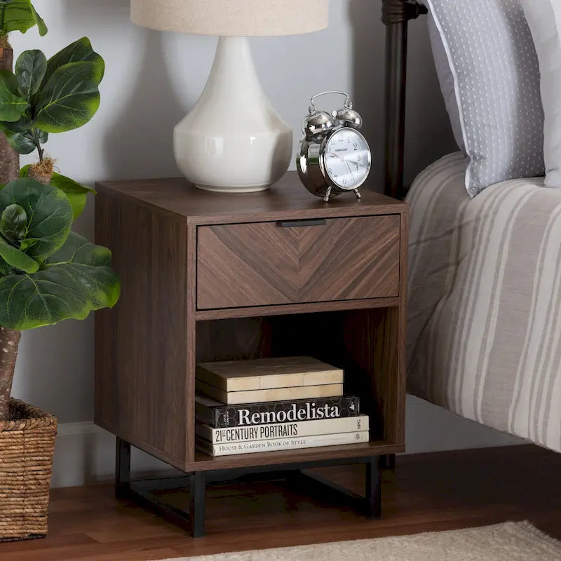 Sadia Contemporary Walnut Brown Wood and Black Metal 1-Drawer Side Table